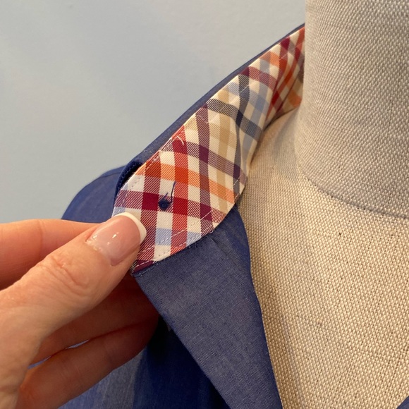 Lorenzo Uomo Mens Blue Dress Shirt w Contrasting Plaid Cuff Collar /16 32-33 - Picture 4 of 13